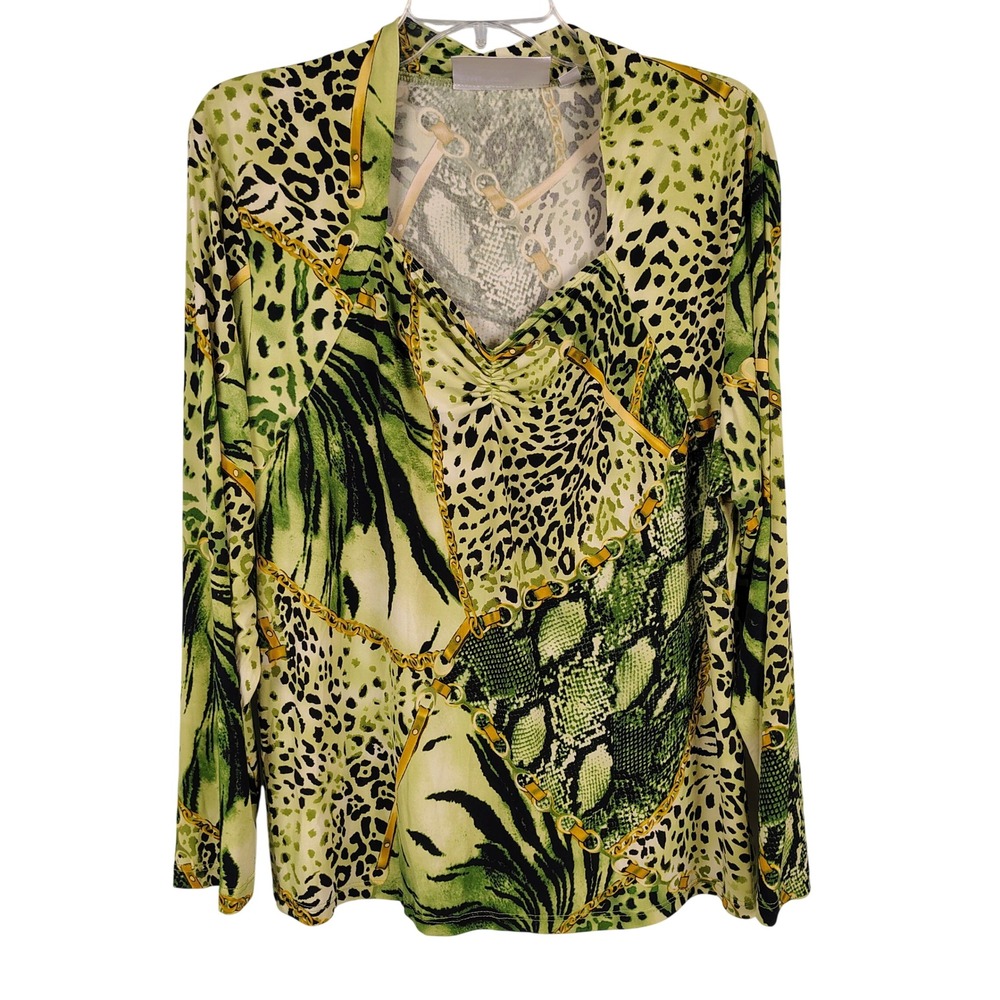 Womens 1X Simonton Says Animal Print Cowl Neck Top Green Snake Leopard Y2K Glam